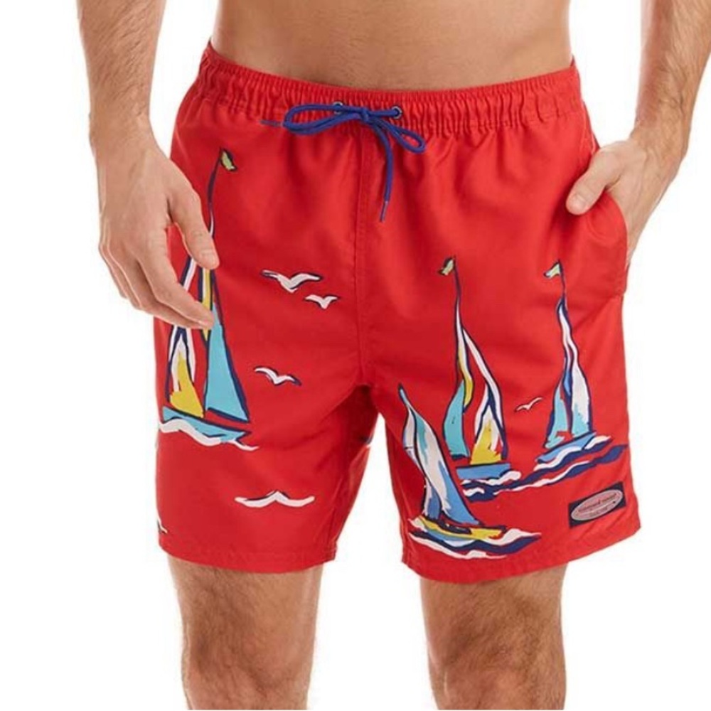 Vineyard Vines Swim Trunks Board Shorts Men's L Nautical Yacth 6" Red Beach ✅‎